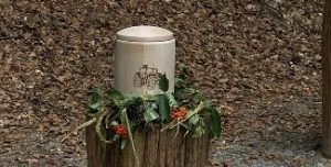 Holzurne mit Traktor auf Holzblock im Wald