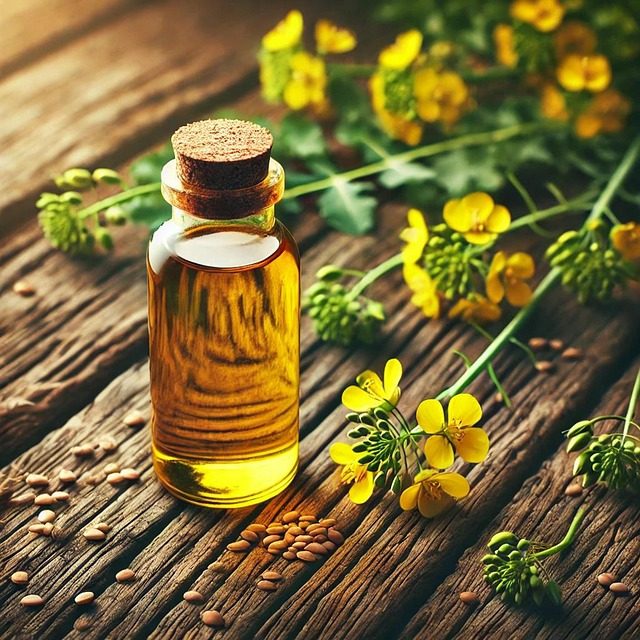 Rapsblüten und eine kleine Flasche mit Rapöl auf Holzbrettern