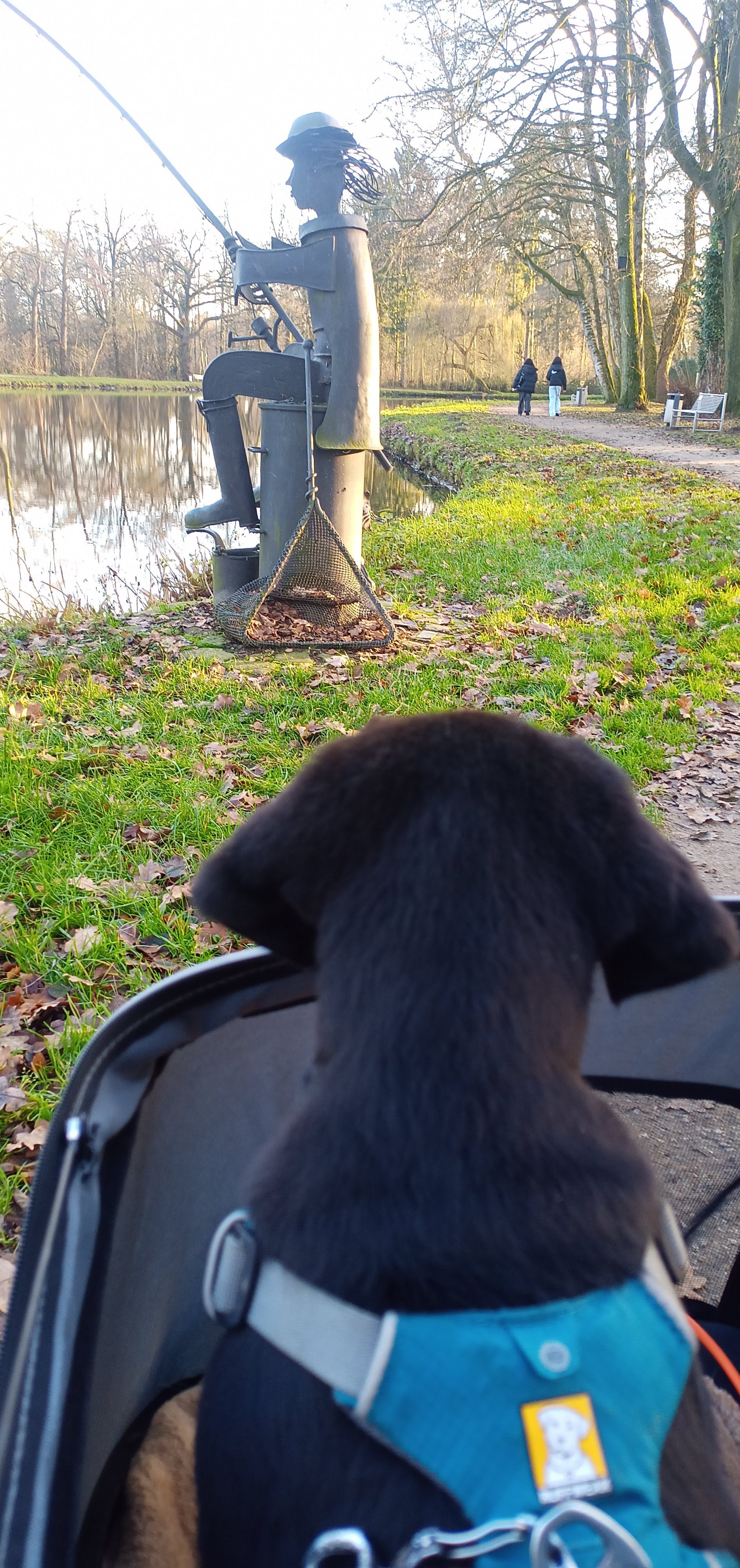 schwarzer Hund guckt aus Buggy auf das Angler-Denkmal im Stadtpark Friesoythe