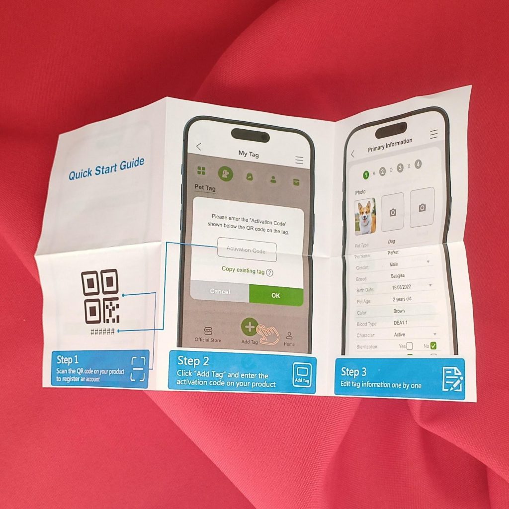 Foto vom Quick-Start-Guide des QR-Tags für den Hund