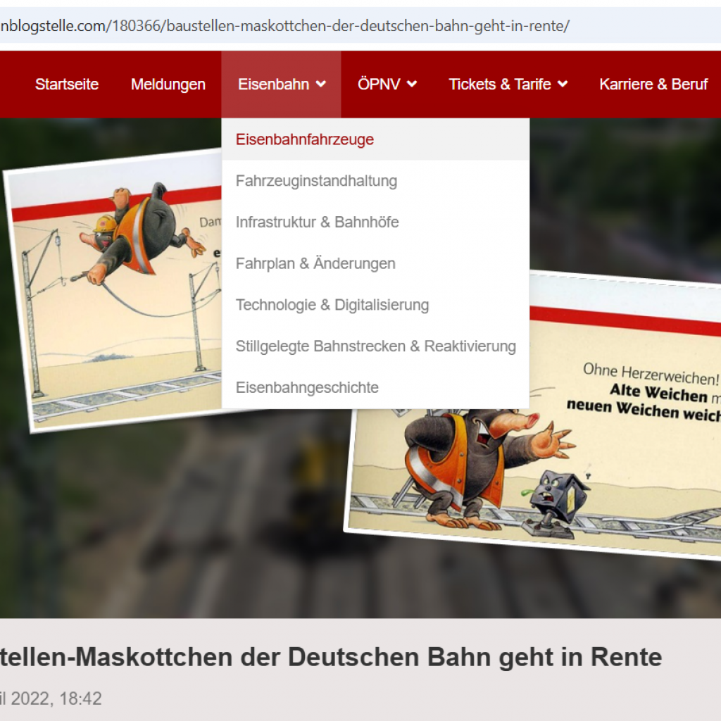 Screenshot vom Bahnblog mit dem Maskottchen 