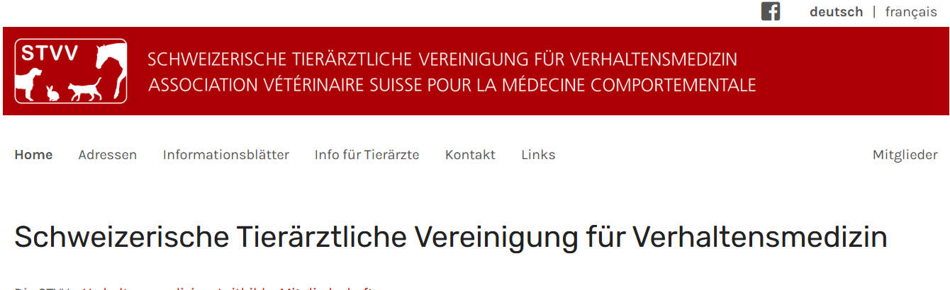 screenshot oberer Teil der Webseite der tierärztlichen Verreinigung für Verhaltensmedizin