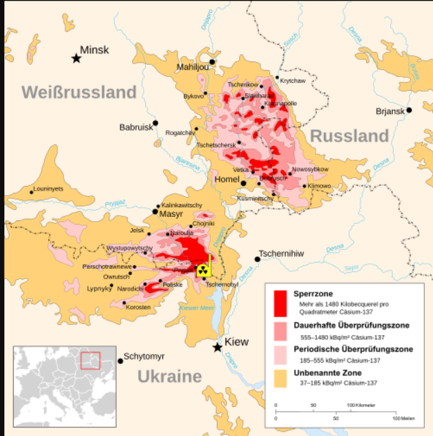Screenshot einer Karte von Weißrussland / Russland über die Strahlenbelastung nach dem Reaktorunfall in Tschernobyl 10 Jahre nach dem GAU.
